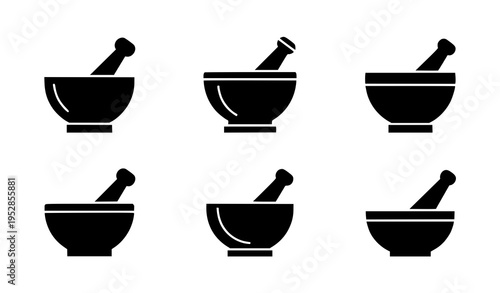 Minimal mortar and pestle silhouette vector icons in modern simple black style isolated on white