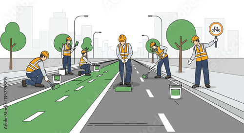 Construction workers painting a green bike lane on a road.