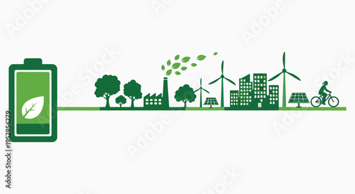 Battery icon with leaf connecting to green city infrastructure factory wind turbines and solar panels on white background for energy storage concept