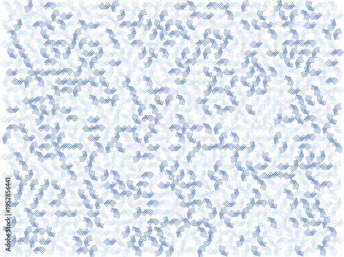 A refreshing and cool pattern features a profusion of small, blue-hued, horizontally striped squiggly shapes distributed randomly across a crisp white background, evoking a sense of calm and movement.