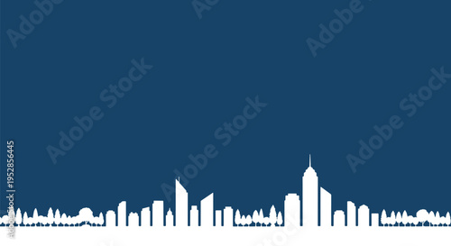 Minimalist cityscape silhouette with trees on horizon against dark blue background for urban design or banner template
