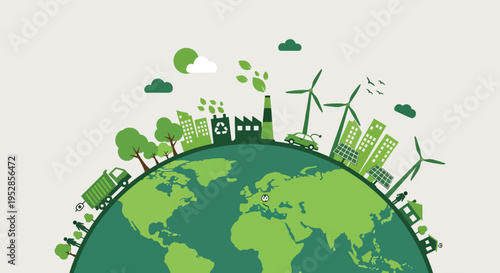 Green earth globe with eco-friendly infrastructure factories houses wind turbines solar panels electric vehicle and trees