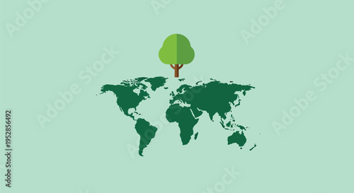 Green tree growing on top of world map illustration symbolizing environmental protection and global ecological sustainability and nature conservation concept