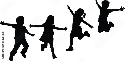 Children silhouettes jumping and playing freely, happy kids in dynamic poses, joyful childhood activity concept, energetic movement, isolated illustration on white background