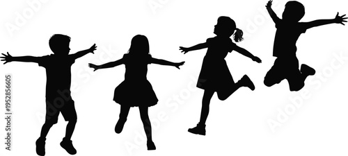 Children silhouettes jumping with arms spread, happy kids playing and celebrating, joyful childhood activity concept, energetic movement, isolated illustration on white background