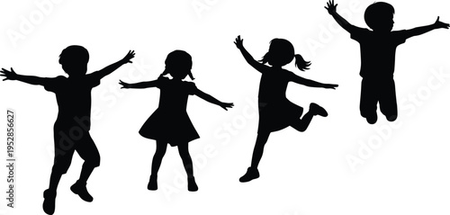 Children silhouettes jumping and playing with raised arms, happy kids in dynamic poses, playful activity concept, childhood joy, isolated illustration set