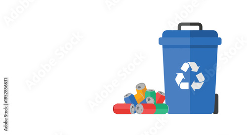 Blue recycling bin with pile of aluminum cans isolated on white background flat vector illustration for waste management and environmental concept