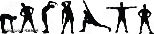 Fitness stretching silhouettes set, man warming up in different poses, workout flexibility exercises, athletic training routine, healthy lifestyle concept, isolated illustration collection