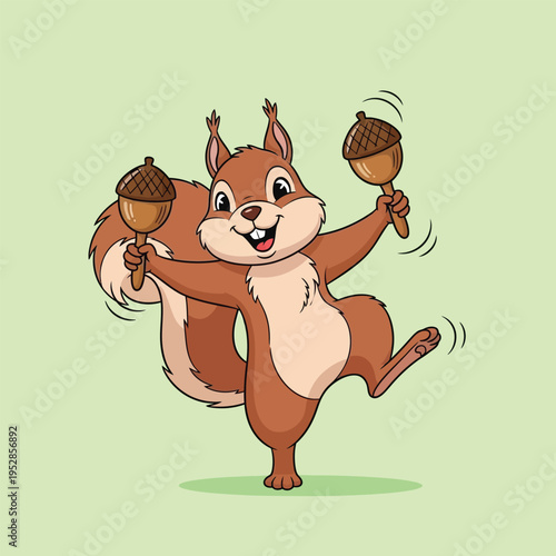Cute cartoon squirrel dancing with acorns.
