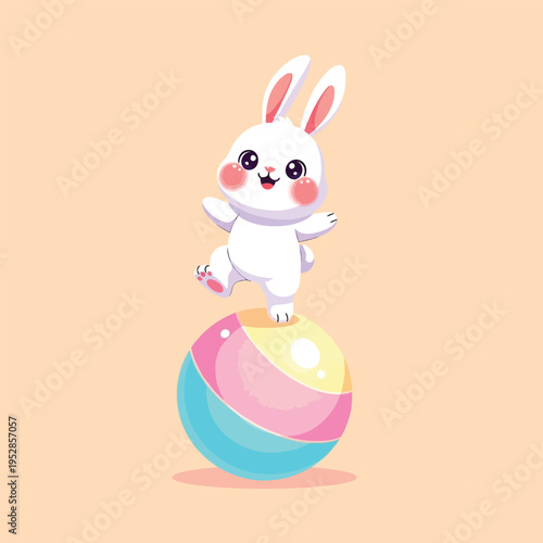 Cute cartoon bunny balancing on a colorful ball.