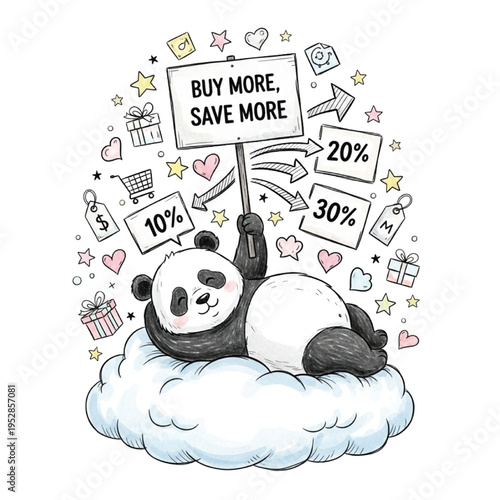 Cute vector illustration of a panda on a cloud holding a 'Buy More, Save More' sign, surrounded by shopping and discount icons, perfect for sales and promotional marketing