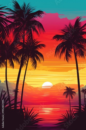 A stunning sunset with palm trees silhouetted against the sky. Perfect for travel and tropical vacation themes