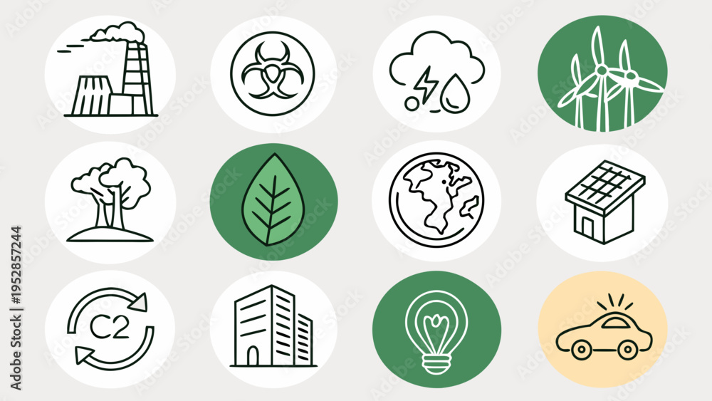 Fototapeta premium Set of environment and sustainability circles with icons of solar panels wind turbines light bulb leaf biohazard symbol and electric vehicle car