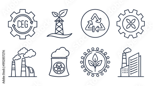 Foto Industrial and energy icons depicting green technology, pollution control, and e