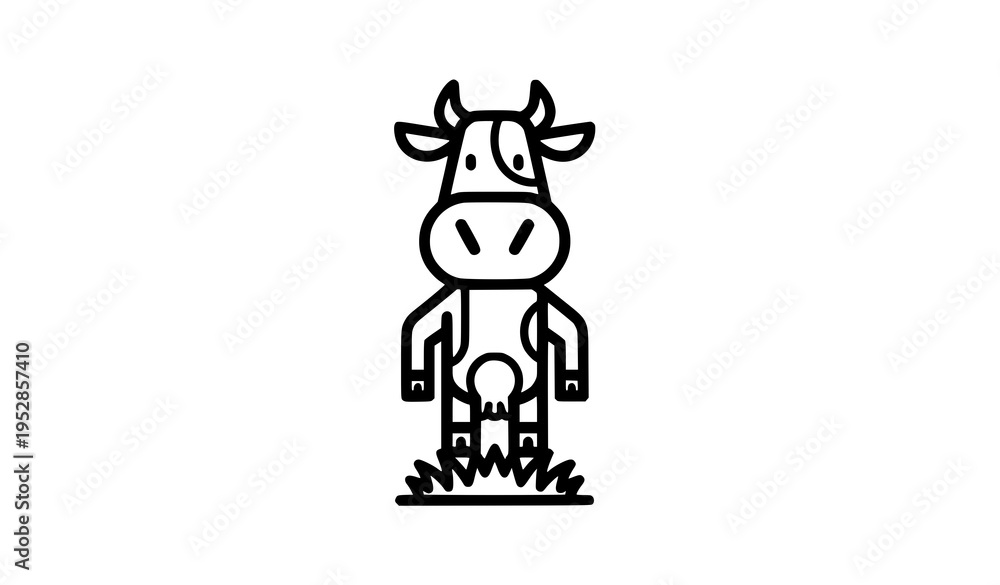 Fototapeta premium Funny cartoon cow mascot standing on grass bold outline black sketch vector isolated on white background