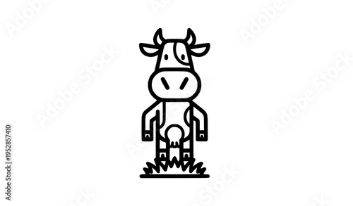 Funny cartoon cow mascot standing on grass bold outline black sketch vector isolated on white background