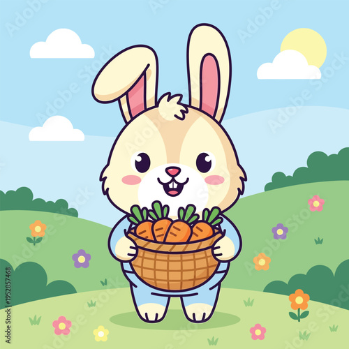 Cute cartoon bunny holding a basket of carrots.