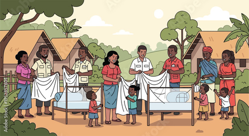 Community health workers demonstrate mosquito nets to families.