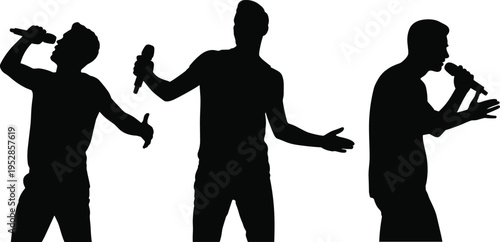 Male singer silhouettes performing with microphone, expressive vocal poses, music performance concept, live concert entertainment, isolated artistic illustration set