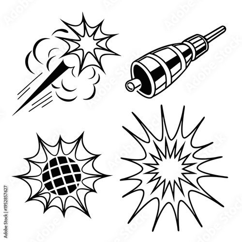 Mechanical drill tool and comic impact smoke clouds with explosion burst icons for industrial repair and construction project graphic illustrations