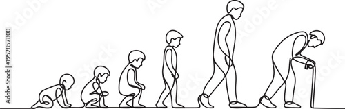 Continuous one line drawing showing human life evolution from crawling baby to elderly with cane. One line draw graphic design vector
