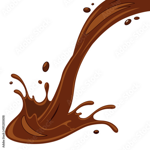 Abstract chocolate liquid pouring down with splash and drops, creating dynamic fluid motion for beverage or dessert illustration