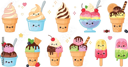 Cute kawaii ice cream desserts collection with cones cups popsicles and sundaes colorful sweet cartoon vector illustration set