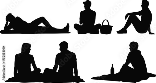 People sitting and relaxing silhouettes in various poses, leisure outdoor activity, friends resting and enjoying free time, lifestyle concept, isolated illustration set