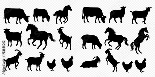 Collection of farm animals silhouettes including cows, sheep, horses, goats, and chickens in various poses.