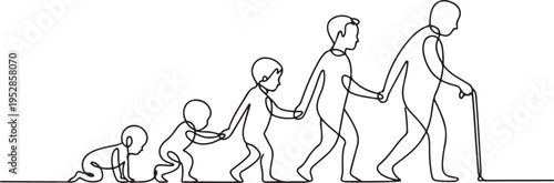 Continuous one line drawing showing human life evolution from crawling baby to elderly with cane. One line draw graphic design vector