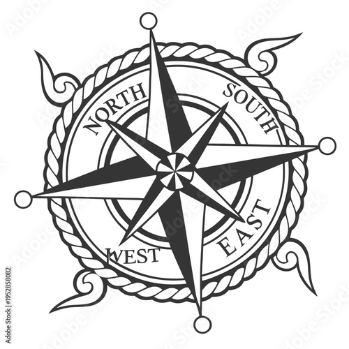 Compass nautical rope decorative swirls north south east west directional compass navigation tool antique nautical emblem ornate