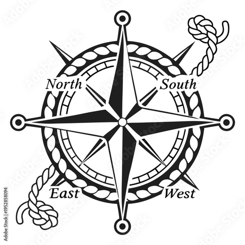 Compass rose emblem with nautical rope, vintage navigational instrument showing cardinal directions North South East West with ornate design