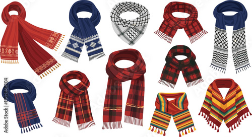 Winter scarves collection with knitted wool patterns plaid and striped warm fashion accessories vector illustration set isolated