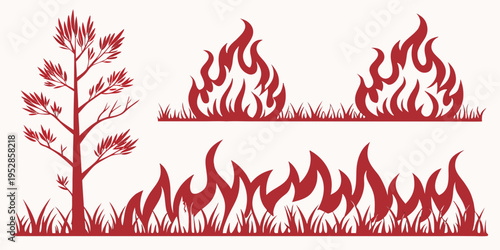 Set of silhouettes of trees with red leaves and a bush of grass with red fire. vector illustration of a dry tree with leaves that burn