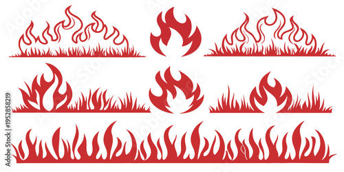 Assorted red fire silhouettes and linear flame borders for web design elements highlighting heat levels and energetic concepts on white canvas vector