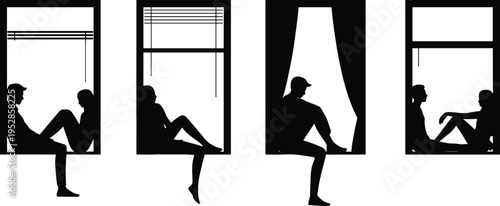 People sitting by window silhouettes in different poses, indoor lifestyle scene, men and women relaxing at home, isolation concept, minimalist illustration set