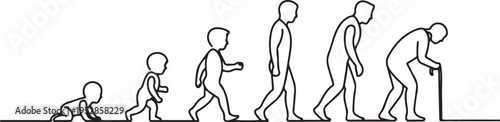 Continuous one line drawing showing human life evolution from crawling baby to elderly with cane. One line draw graphic design vector