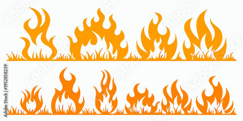 Set of fire flames and burning grass vector silhouettes. isolated elements for print, design. fire border and brush collection