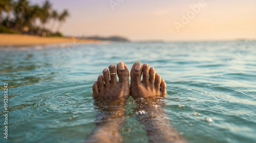 Woman’s feet with nude pedicure by turquoise water, luxury beach relaxation and summer travel concept