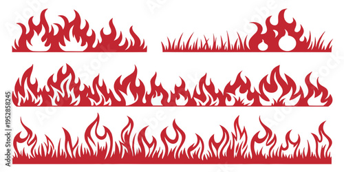 Set of fire flames and burning grass vector silhouettes. isolated elements for print, design. fire border and brush collection