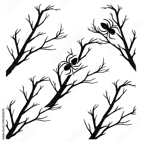 Black silhouette bare tree branches with spiders in different positions isolated on white background, nature illustration vector art