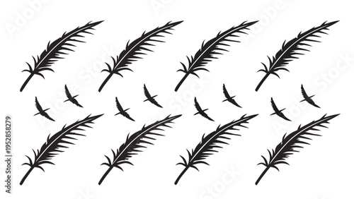 Feathers and small birds flying in rhythmic pattern graphic design natural elements repeating motif whimsical movement airborne creatures nature inspired pattern