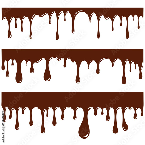 Horizontal chocolate drip borders set in dark brown color with smooth liquid flow effects ideal for food packaging and bakery decoration designs
