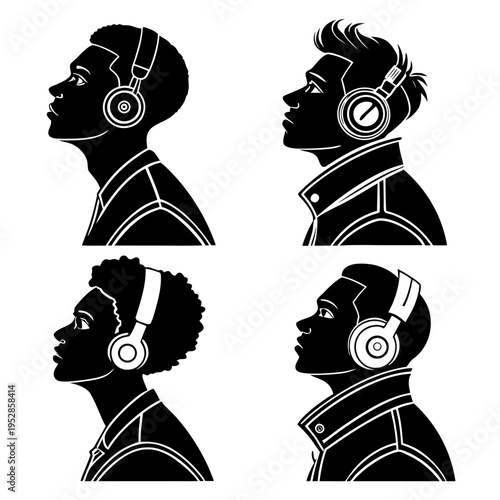 Elegant side profile silhouettes of young men wearing headphones and collared jackets looking upwards toward future goals and musical inspiration