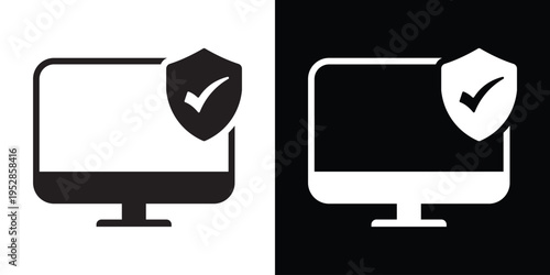 A computer monitor icon featuring a security shield and a checkmark. Professional symbol for cyber security, verified protection, data safety, secure network, and antivirus software.