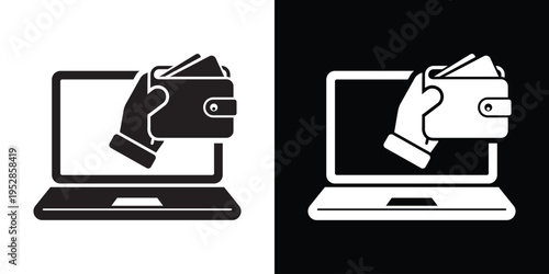 Vector icon of a hand holding a wallet full of cards coming out of a computer screen. Modern concept for e-commerce, online payments, digital banking, and internet shopping transactions.