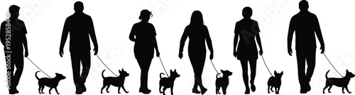 People walking dogs silhouettes set, men and women with pets on leash in different poses, outdoor activity, pet care lifestyle illustration