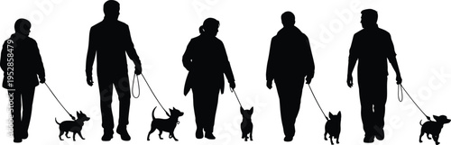 People walking dogs silhouettes in different poses, men and women with pets on leash, outdoor lifestyle activity, pet care concept, isolated illustration set