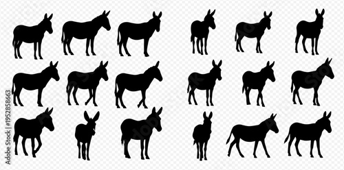 Collection of donkey silhouettes in various poses, showcasing different movements and stances of the animal.