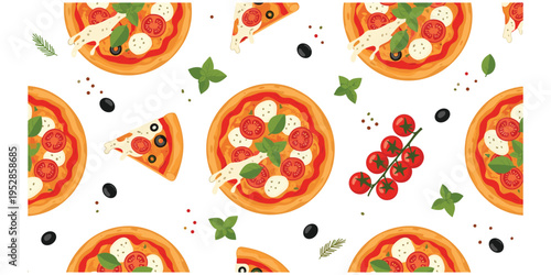 Pizza seamless pattern illustration, food artwork with slices mozzarella tomato basil olives herbs appetizing design vector